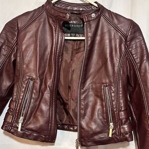 BERNARDO Girls Size 7/8 Faux Leather Brown Burgandy Biker Jacket Long Sleeve Zip